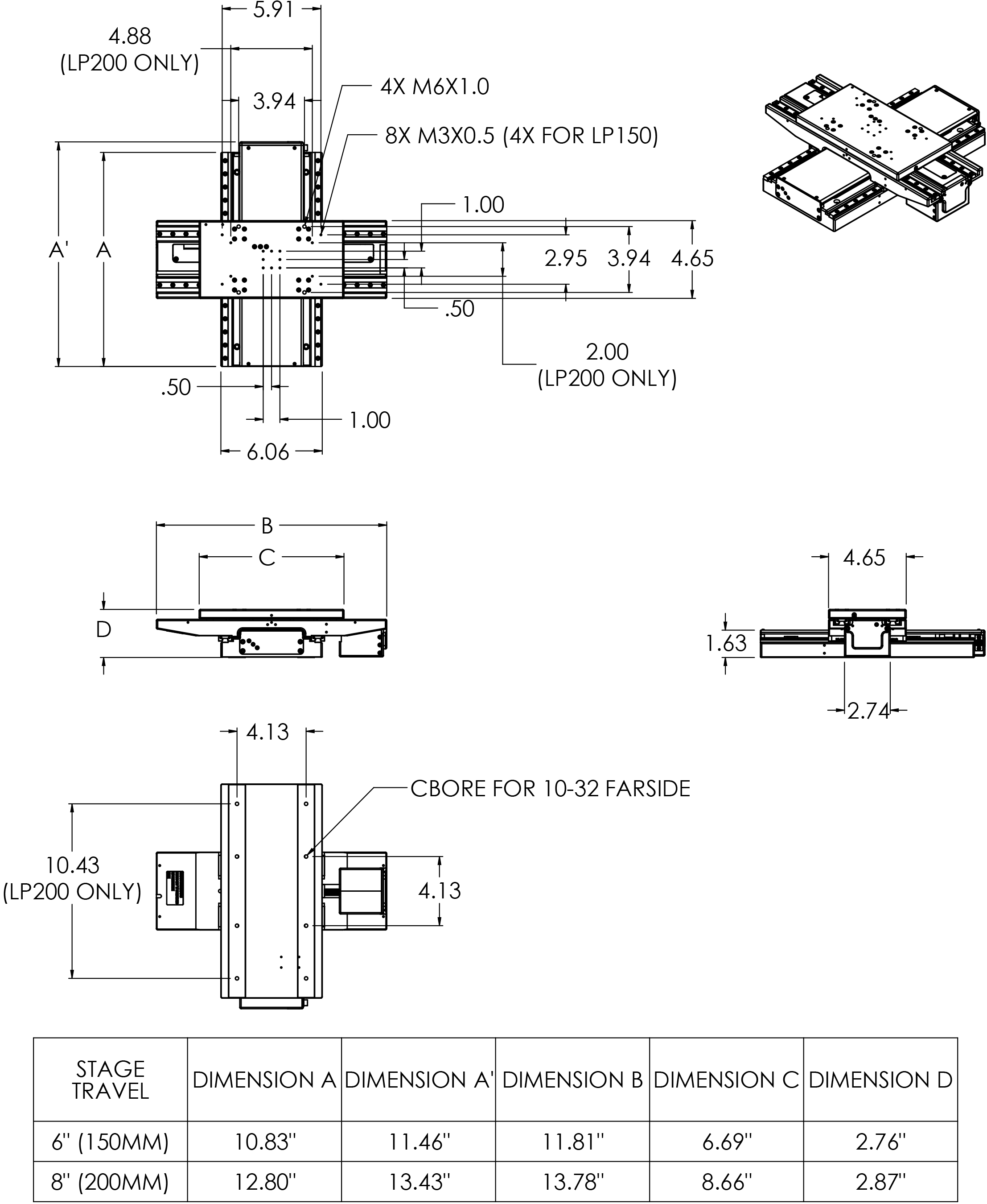 Dimensional Drawings of LP150 and LP200 XY Stages